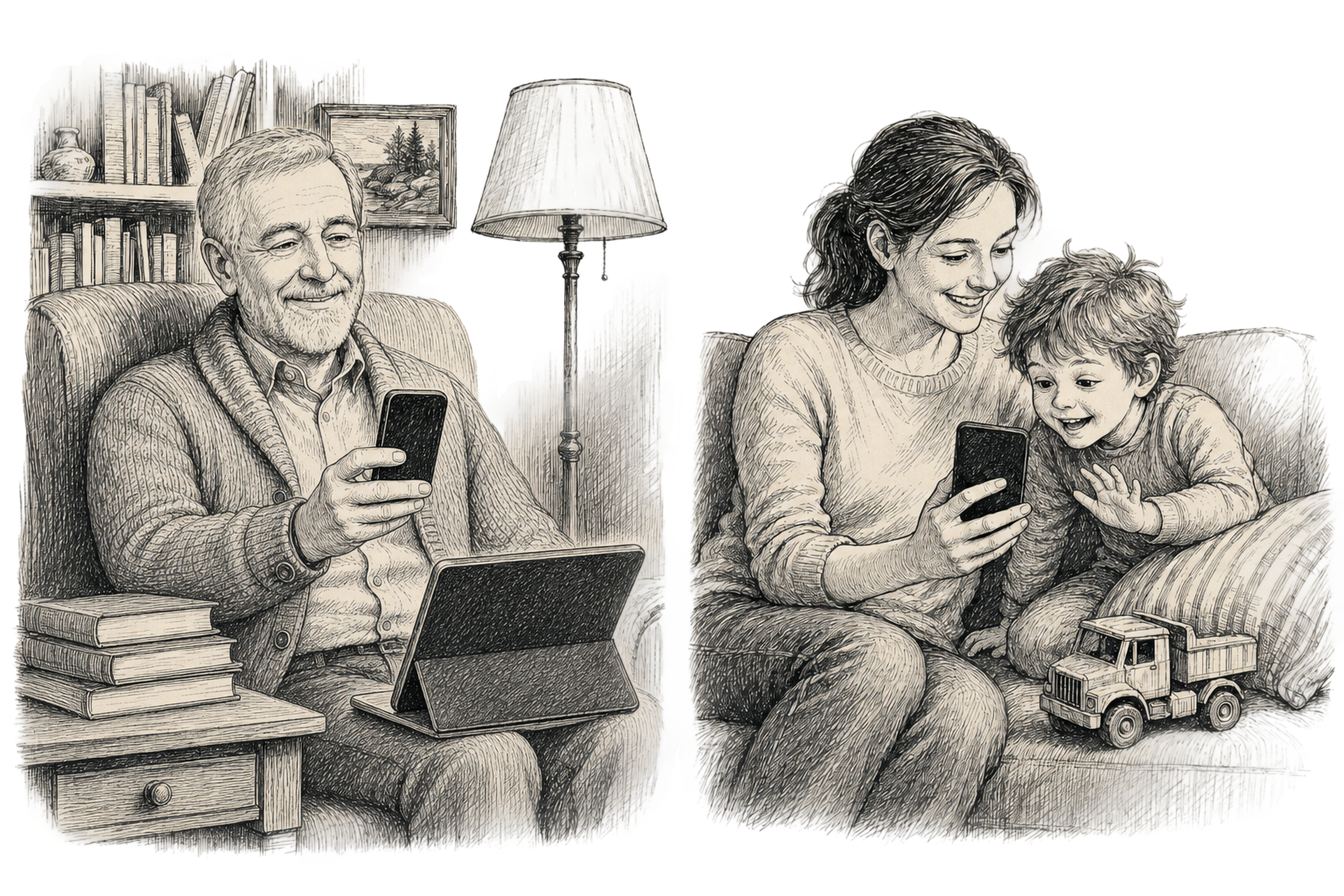 Pen-and-ink illustration. Left, a grandpa in a cardigan sits in his armchair, smartphone in hand, with a tablet propped open on a side table beside him. Right, a mom and her young grandchild share a couch, looking at a smartphone together. The grandchild is leaning in and waving at the screen.